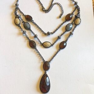 Boho Dark Metal Multi Chain Layered Cream Amber & Light Blue Pendant Necklace